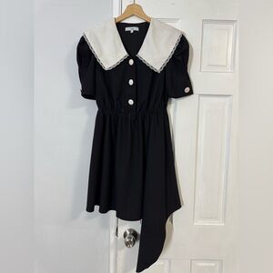 J.ING Black Mini Dress White Collar Puff Sleeve Vintage Style M